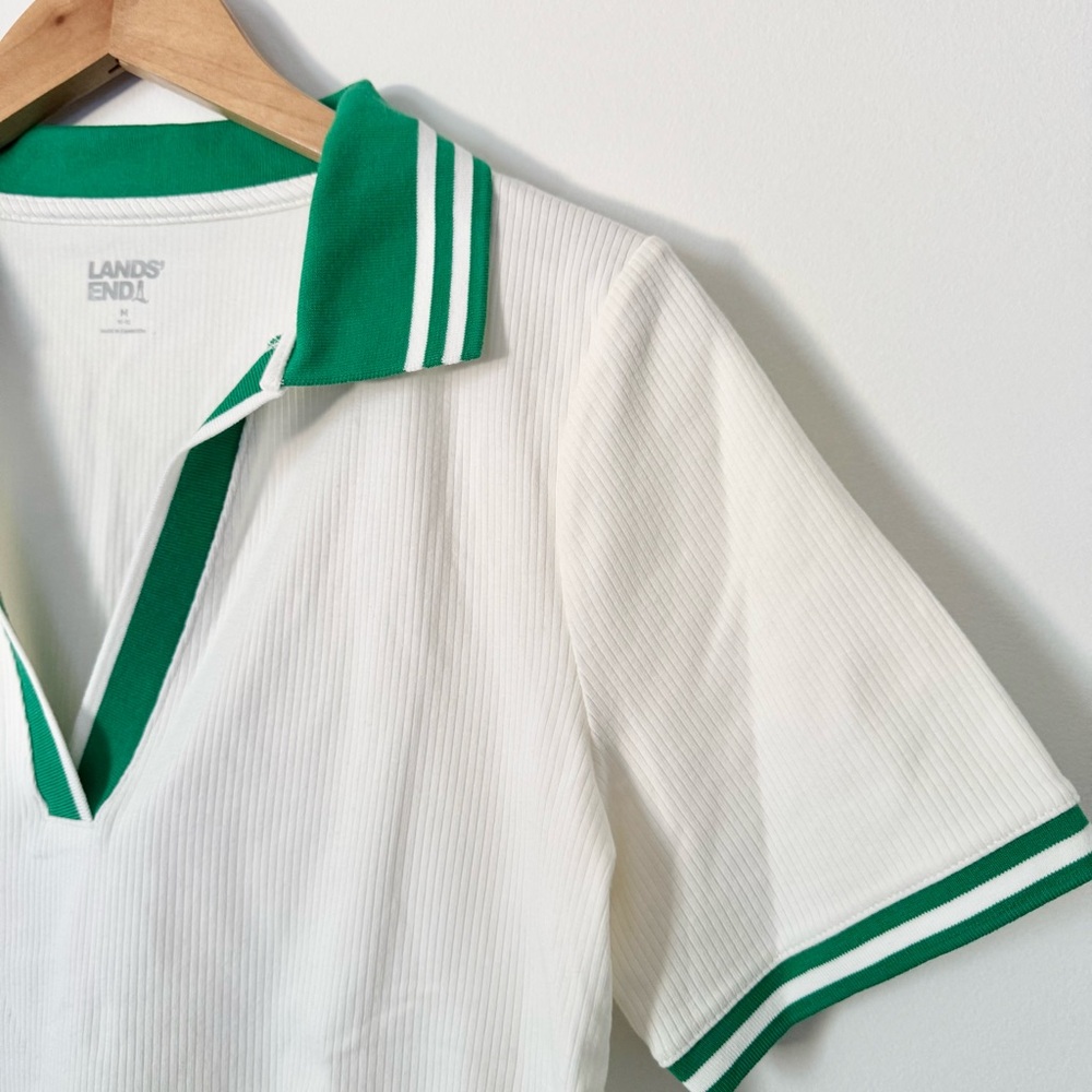 Lands' End Ribbed Polo Tee Off White Green Trim Size M - Picture 2 of 7